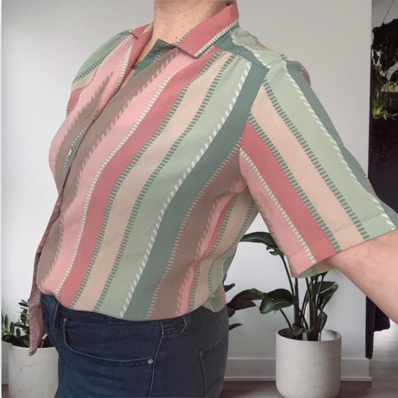 Allison Daley Vintage 90โs Pastel Candy Unisex Striped Lightweight Button Up 12 - Picture 3 of 11